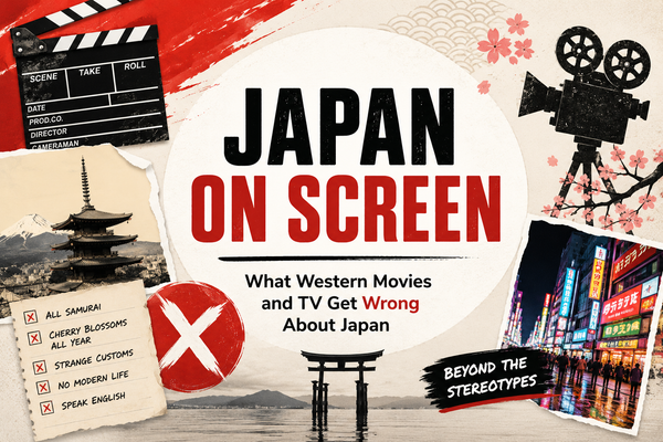 Collage titled Japan on Screen: What Western Movies and TV Get Wrong About Japan, with a film clapperboard, vintage movie camera, torii gate, pagoda with Mount Fuji, neon Tokyo street and a checklist of Japanese stereotypes crossed out
