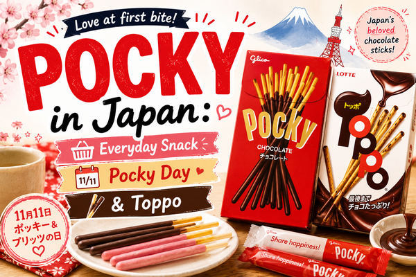 Colourful blog header for a guide to Pocky in Japan: a red Glico Pocky box and a Lotte Toppo box of chocolate biscuit sticks, a plate of chocolate and strawberry Pocky, cherry blossoms, Mount Fuji and an 11/11 Pocky Day badge on a pastel background