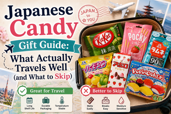 An open suitcase of Japanese snacks that travel well - matcha KitKat, strawberry Pocky, Hi-Chew, Apollo chocolate, Ramune and a Popin' Cookin' kit - with Great-for-Travel and Better-to-Skip checklists.