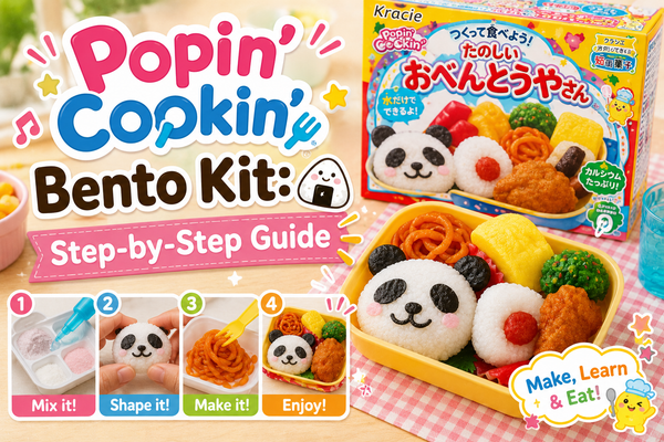 Kracie Popin' Cookin' Tanoshii Bento DIY candy kit with a panda rice ball, candy tonkatsu cutlet and colourful side dishes arranged in a miniature lunchbox beside the box, with numbered Mix-Shape-Make-Enjoy steps
