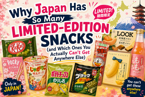 A colourful spread of real Japanese limited-edition snacks including matcha KitKat, sakura Pocky, regional Calbee chips, Tokyo Banana and Hokkaido melon LOOK, with Mount Fuji, a map of Japan and cherry blossoms.