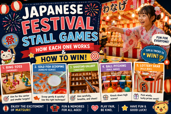 Blog header for a guide to Japanese festival stall games: a smiling girl in a yukata throwing a ring at a matsuri stall with lanterns overhead, and photo cards for ring toss, goldfish scooping, the cork shooting gallery, ball pitching and a lottery box