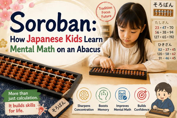 Blog header for a guide to the soroban, the Japanese abacus: a girl moving the beads at a desk, a large wooden soroban in the foreground, Japanese addition and subtraction practice sheets, and icons for concentration, memory, mental math and confidence