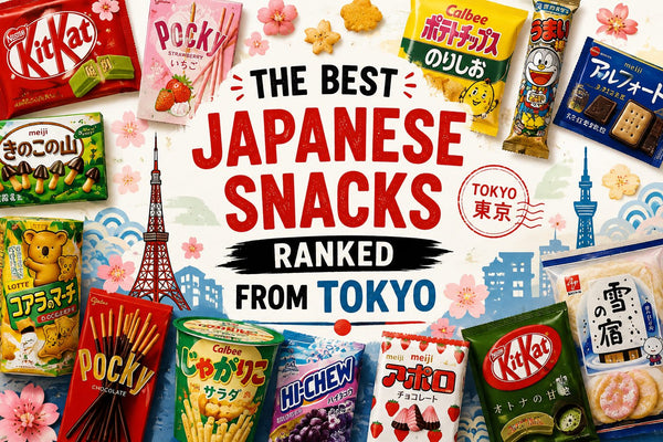 A spread of Japanese snacks including Kit Kat, Pocky, Umaibo, Jagariko and Hi-Chew arranged around the title The Best Japanese Snacks Ranked From Tokyo