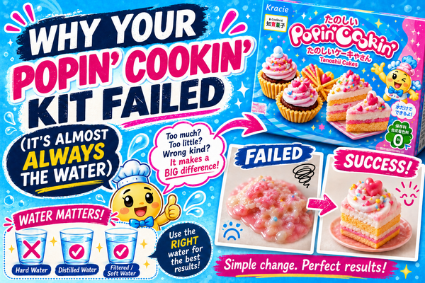 Popin' Cookin' kit failure guide: a chef mascot, a failed runny pink batch beside a neat finished cake, and three glasses marking hard water as wrong while distilled and soft or filtered water are the right choice.