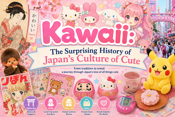 Kawaii, the surprising history of Japan's culture of cute - a collage of kawaii characters, retro manga, mascots and pastel toys from tradition to today.