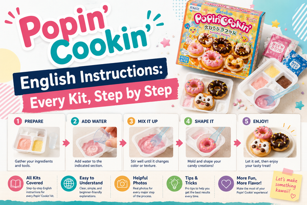 Popin' Cookin' English Instructions: Every Kit, Step by Step — a Japanese DIY candy donut kit with its powders and tray, shown alongside a five-step how-to: prepare, add water, mix, shape and enjoy the finished candy donuts.