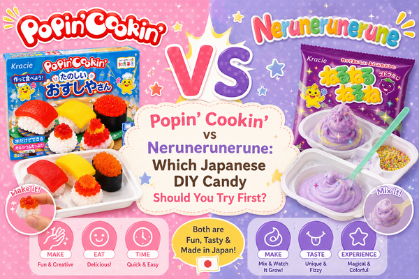 Popin' Cookin' vs Nerunerunerune - a side-by-side comparison of Japan's two top DIY candy kits, realistic mini sushi versus fizzy color-changing candy.