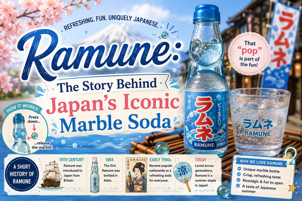 Ramune, the story behind Japan's iconic marble soda - a classic blue marble-sealed ramune bottle and glass with a short history timeline of the drink.