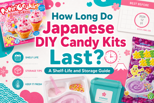 Title graphic reading How Long Do Japanese DIY Candy Kits Last? A Shelf-Life and Storage Guide, with a Popin Cookin cake kit box, a Nerunerunerune pack, a candy powder mixing tray, a storage container and a best-before date card