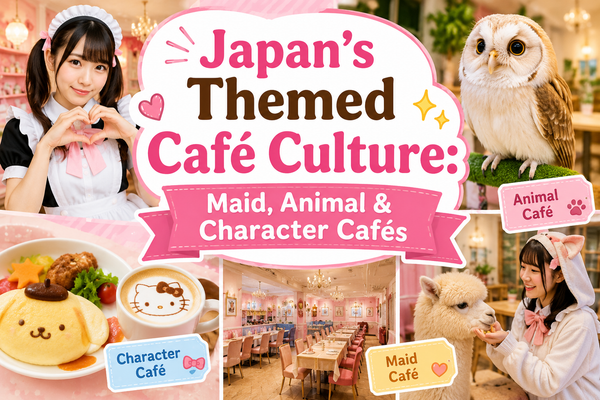 Japanese themed cafe culture collage - a maid cafe waitress making a heart, an owl at an animal cafe, a girl feeding an alpaca, Hello Kitty latte art and a Pompompurin character pancake, in a pastel pink kawaii style