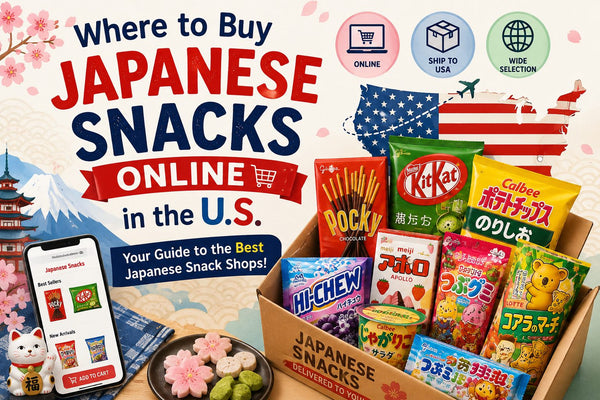 A cardboard box of Japanese snacks including Pocky, Kit Kat, Hi-Chew and Calbee chips next to a phone showing an online snack shop, with the title Where to Buy Japanese Snacks Online in the U.S.