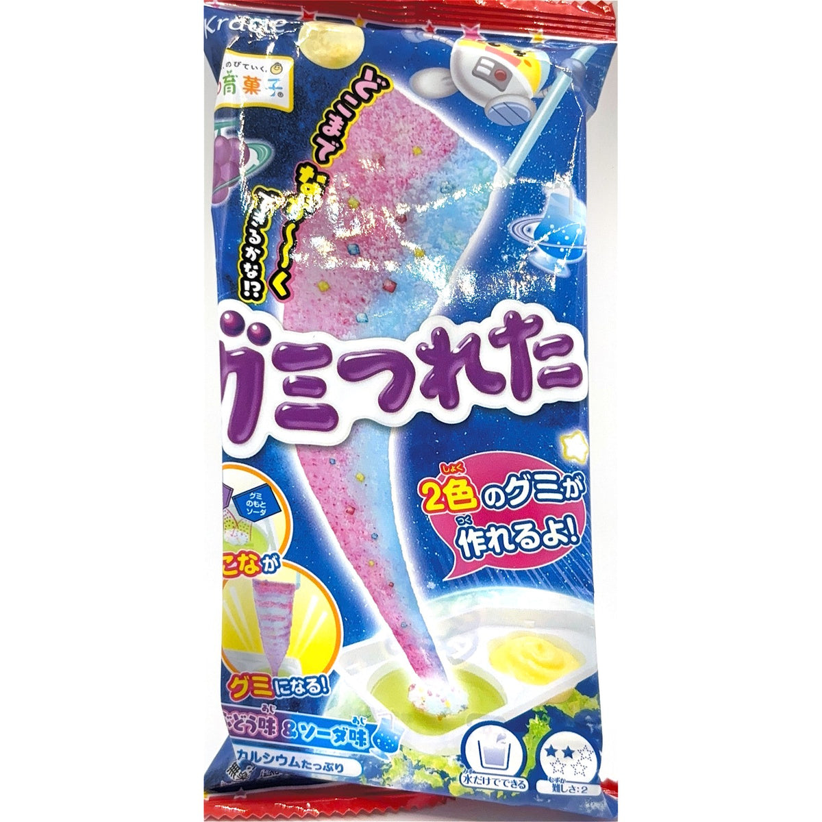 Kracie Gumi Tsureta DIY candy kit package, showing a long stretchy pink and blue gummy lifted on a stick