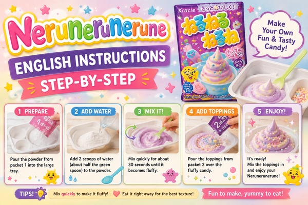 Blog header for English step-by-step instructions for Nerunerunerune, Kracie's Japanese DIY candy: the grape-flavour box, a tray of whipped purple candy with a green spoon, and five numbered photo cards for prepare, add water, mix, add toppings and enjoy