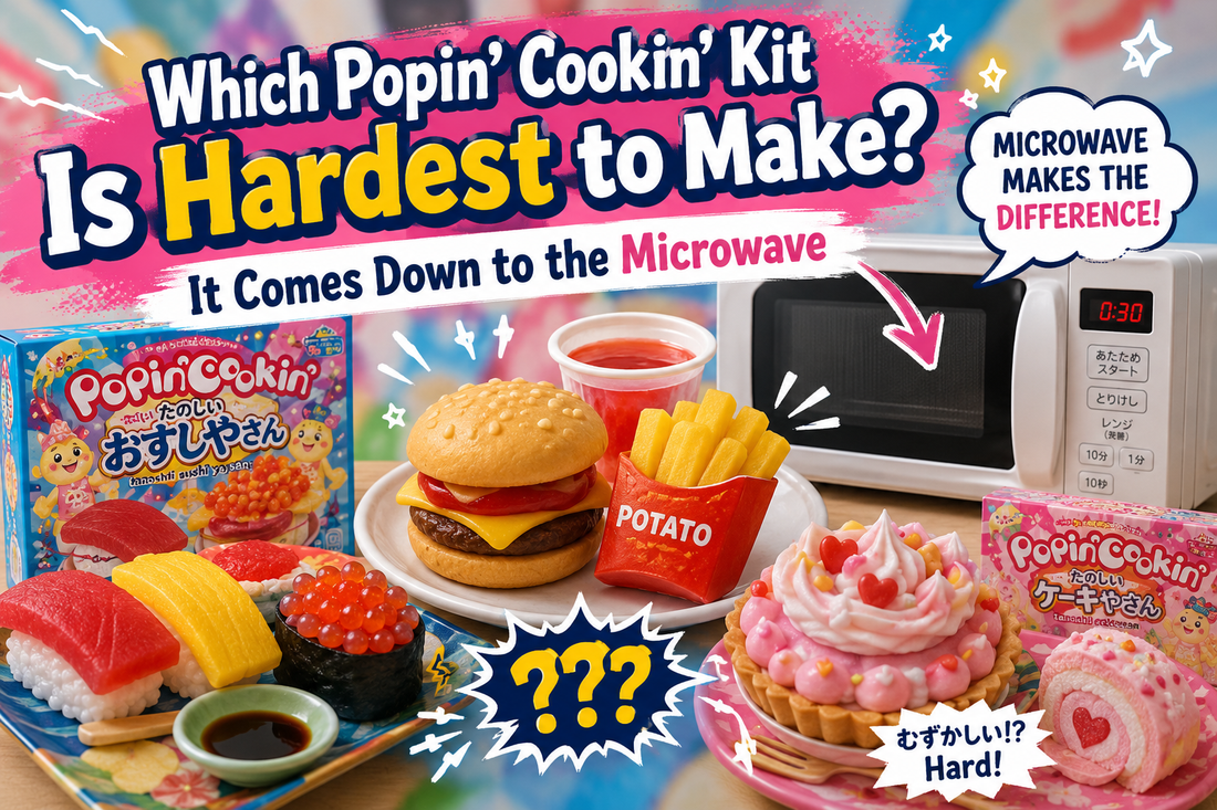 Popin' Cookin' difficulty theme: a sushi kit box and a cake kit box beside a realistic candy hamburger and fries, next to a microwave, illustrating that heating in the microwave is what makes a DIY candy kit hard to make.