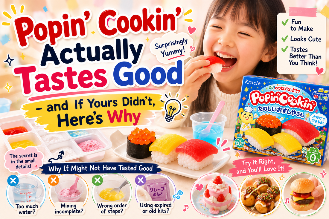 Blog header for an article on whether Japanese DIY candy kits taste good: a smiling girl eating candy sushi she made, a Kracie Popin' Cookin' sushi kit box and trays of coloured powder, and icons asking whether water or mixing was the problem