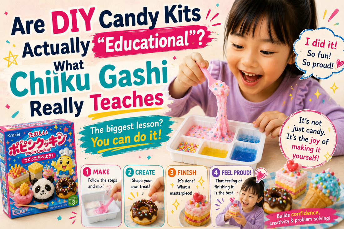 A delighted young girl making pink Japanese DIY candy from a Popin' Cookin' kit, beside a Make-Create-Finish-Feel Proud step guide, with the message that the real lesson is finishing it yourself.