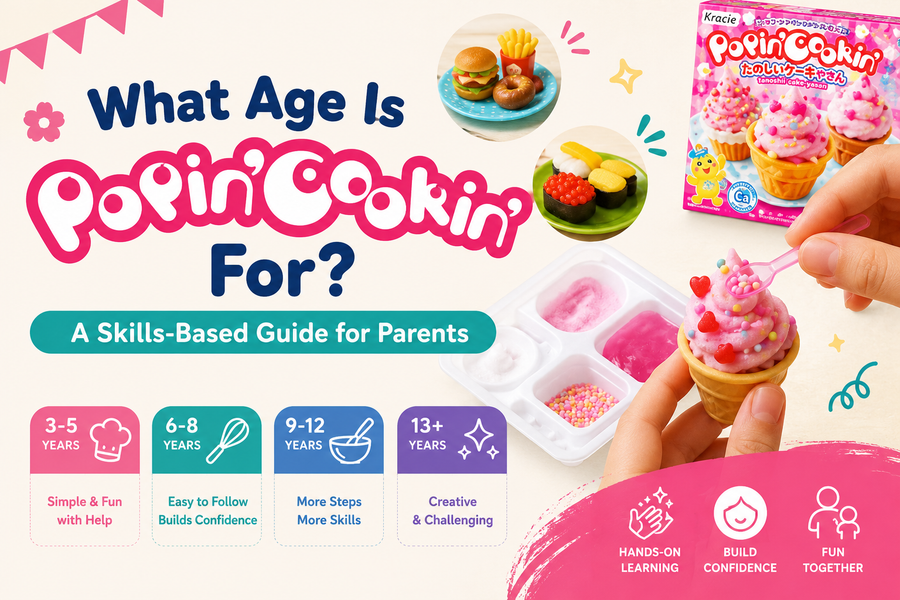 Featured graphic for an article titled What Age Is Popin' Cookin' For, a skills-based guide for parents, showing a Kracie Popin' Cookin' cake kit, hands decorating a candy cone, and age cards for 3-5, 6-8, 9-12 and 13+ years.