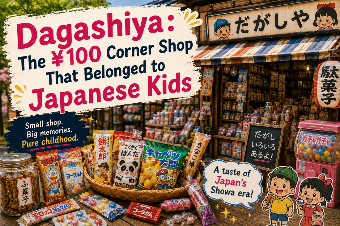 An old-fashioned Japanese dagashiya penny candy shop storefront full of colourful cheap sweets, a gachapon capsule machine and paper lanterns, with two happy children holding snacks out front.