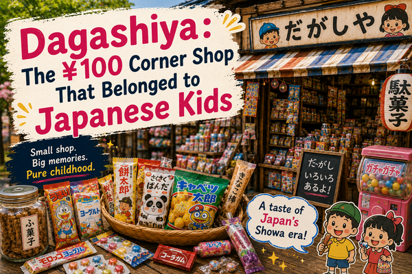 An old-fashioned Japanese dagashiya penny candy shop storefront full of colourful cheap sweets, a gachapon capsule machine and paper lanterns, with two happy children holding snacks out front.