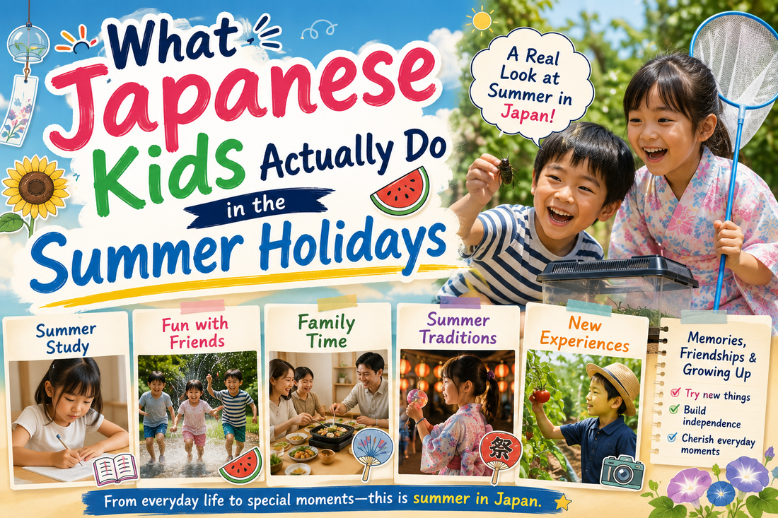 Blog header about the Japanese school summer holiday: two children with a beetle, a bug net and a catching case, plus photo cards for summer study, playing with friends, family mealtimes, a girl in yukata at a festival and picking tomatoes