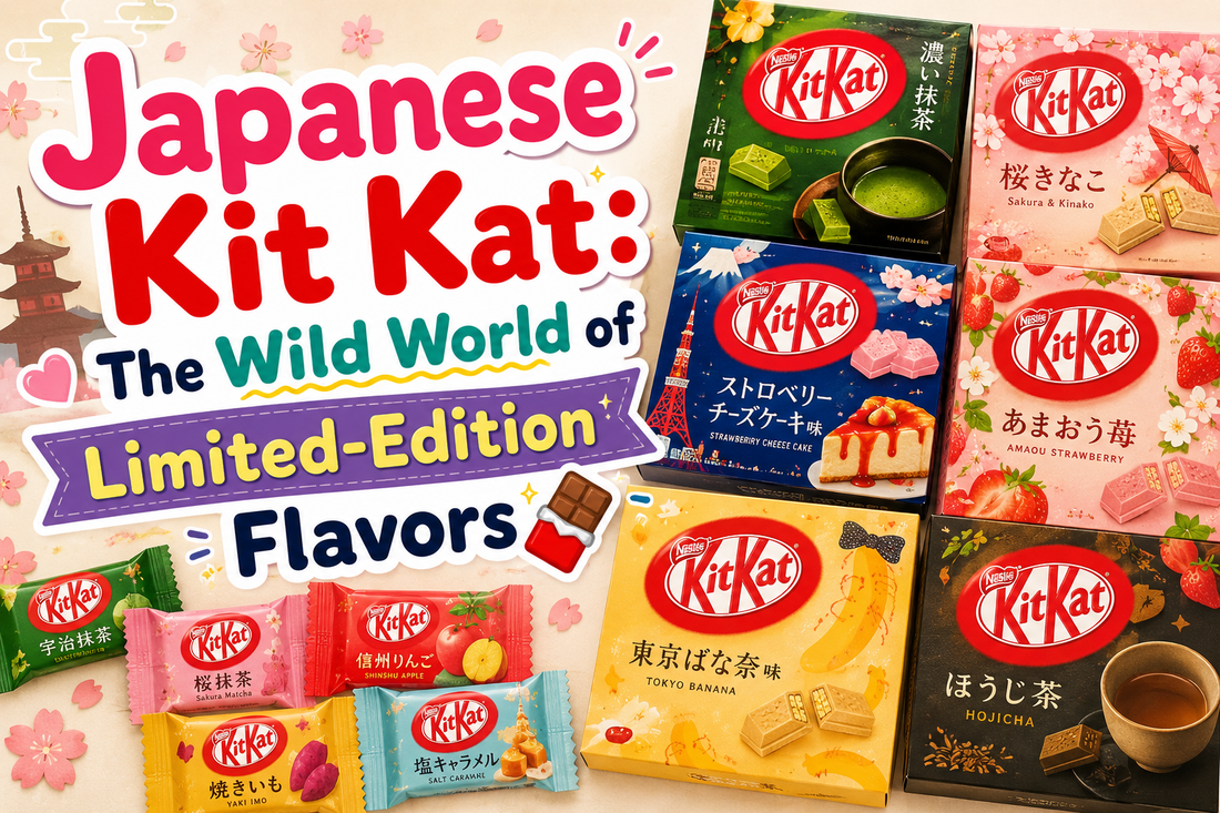 A colourful spread of Japanese Kit Kat flavours — matcha, sakura, strawberry cheesecake, Tokyo banana, hojicha, sweet potato, salt caramel and apple — in boxes and mini bars