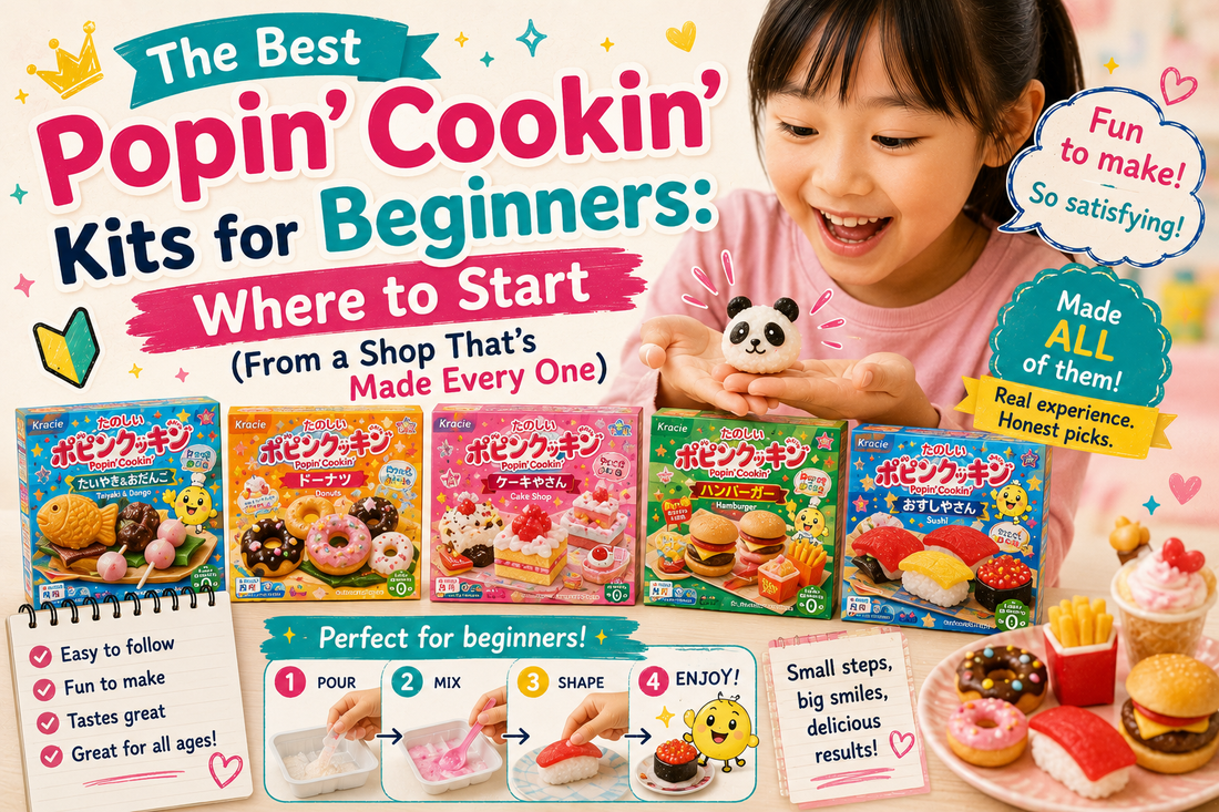 Five Japanese Popin' Cookin' DIY candy kits (taiyaki, donuts, cake shop, hamburger and sushi) lined up, with a happy girl holding a panda rice ball and a Pour-Mix-Shape-Enjoy beginner step guide.