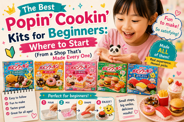 Five Japanese Popin' Cookin' DIY candy kits (taiyaki, donuts, cake shop, hamburger and sushi) lined up, with a happy girl holding a panda rice ball and a Pour-Mix-Shape-Enjoy beginner step guide.