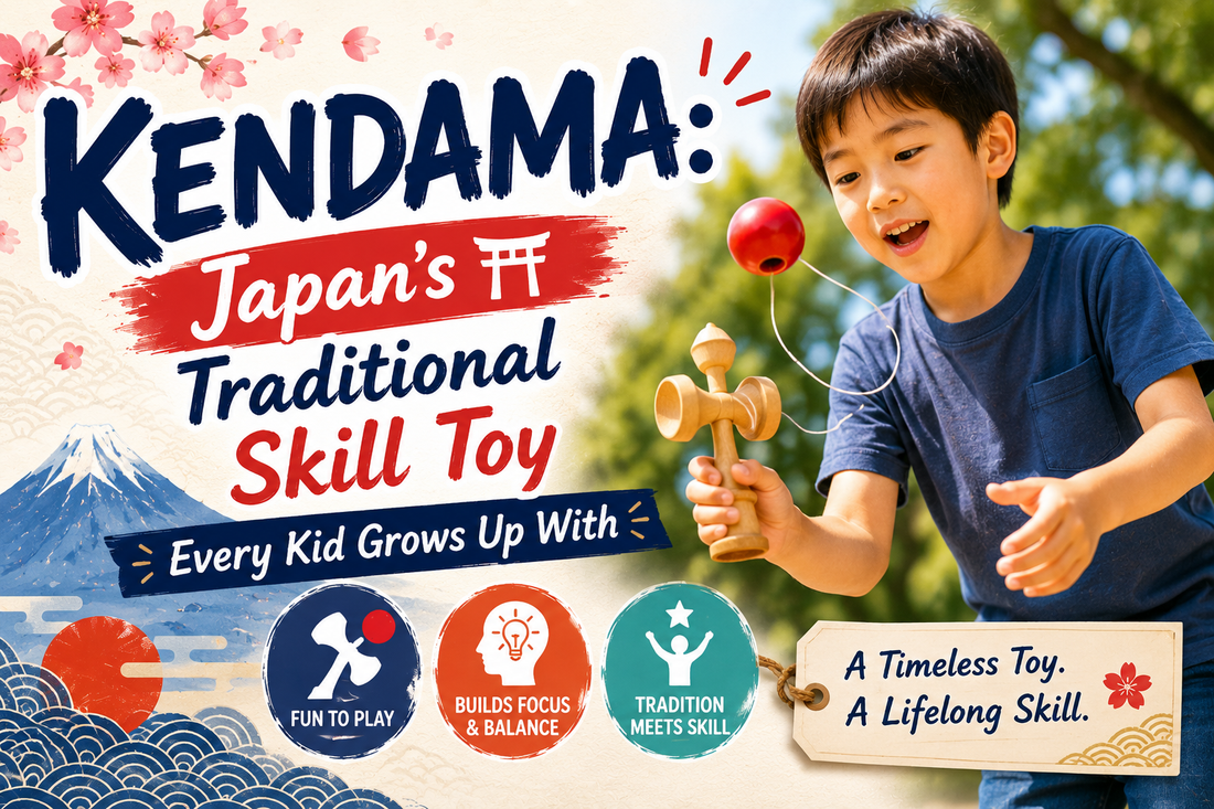 Blog header for a guide to kendama, Japan's traditional wooden skill toy: a smiling boy outdoors mid-trick, swinging the red ball on its string above a wooden kendama with three cups and a spike, with cherry blossoms and Mount Fuji on a pastel background