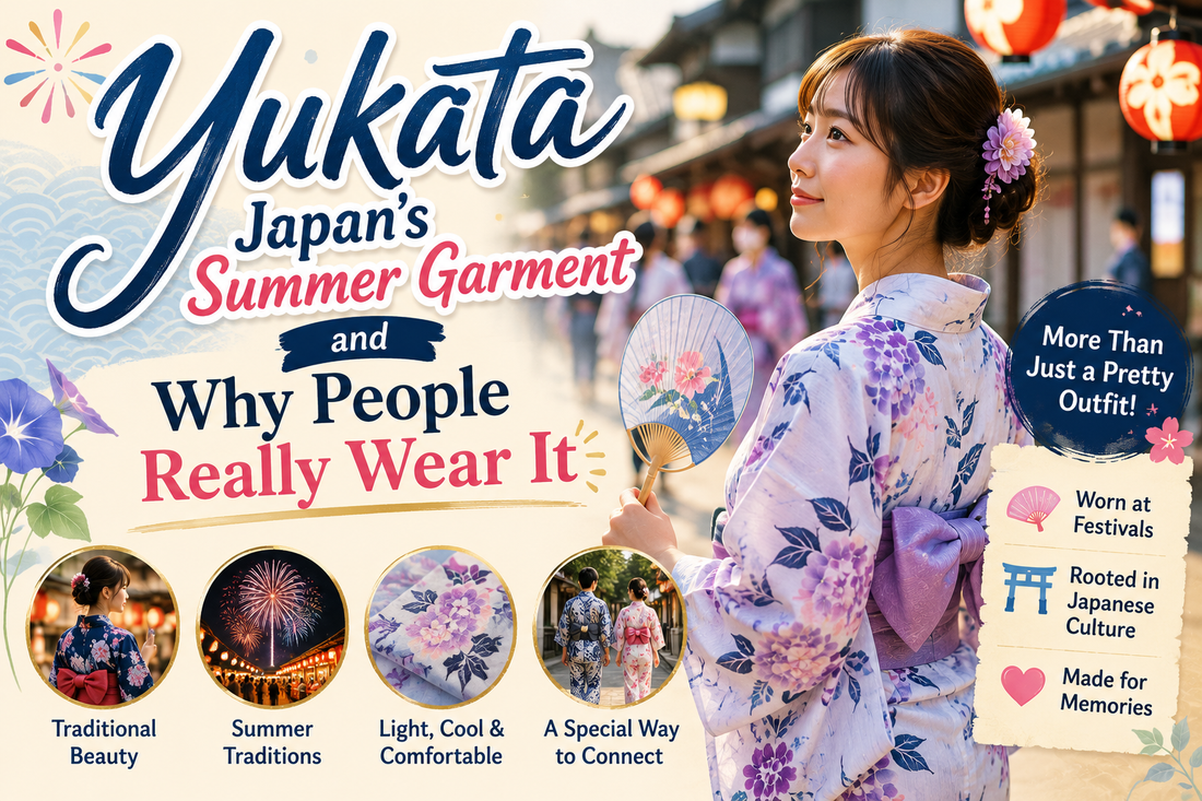 Blog header about the Japanese yukata: a young woman in a purple floral yukata holding a round paper fan on a lantern-lit festival street, with small photos of festival fireworks, yukata fabric and a couple walking in yukata