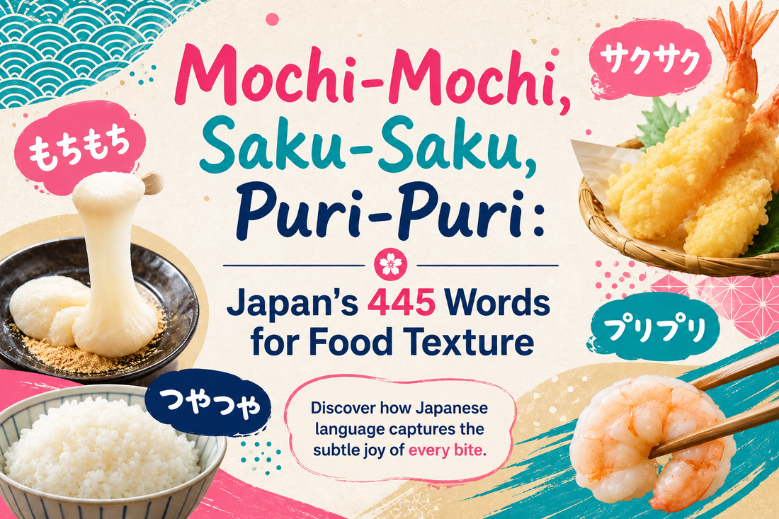 Featured graphic for an article on Japan's 445 words for food texture, showing stretchy mochi, crisp tempura prawns, glossy rice and plump boiled prawns, labelled with the Japanese texture words mochi-mochi, saku-saku and puri-puri.
