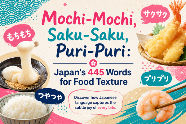 Featured graphic for an article on Japan's 445 words for food texture, showing stretchy mochi, crisp tempura prawns, glossy rice and plump boiled prawns, labelled with the Japanese texture words mochi-mochi, saku-saku and puri-puri.