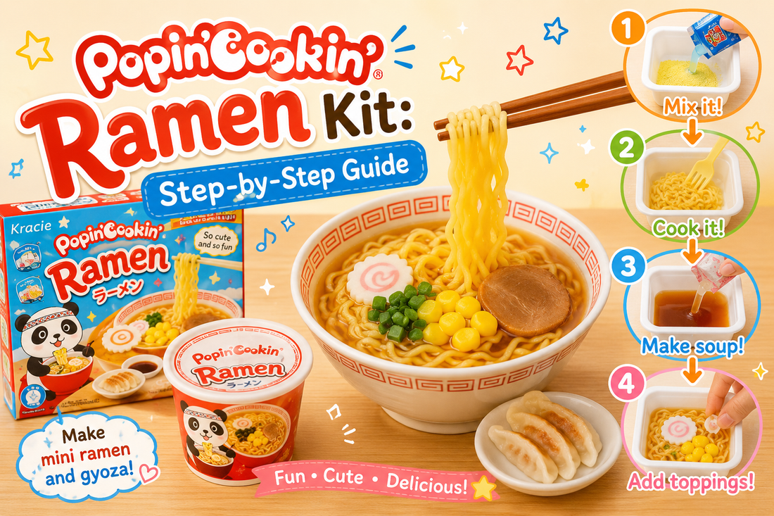 Tiny homemade Popin' Cookin' candy ramen bowl with noodles, egg and fishcake