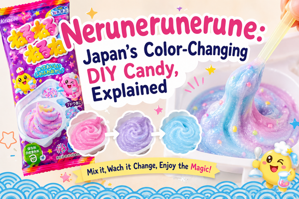 Kracie Nerunerunerune grape-flavour DIY candy pack beside three candy swirls changing from pink to purple to blue, with a lifted spoonful of fluffy sparkly color-changing candy and the smiling Kracie mascot
