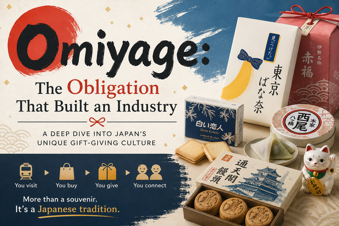 Featured graphic for an article on omiyage, Japan's obligatory gift sweets, showing an array of regional Japanese gift confectionery boxes with formal wrapping and individually wrapped sweets, beside a beckoning cat figurine.