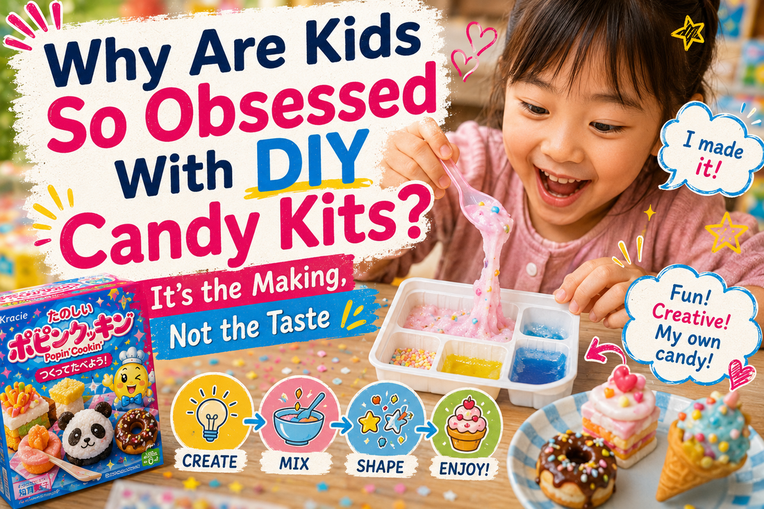 A delighted young girl making colourful Japanese DIY candy from a Popin' Cookin' kit, pulling stretchy pink candy from the tray, beside a Create-Mix-Shape-Enjoy step illustration.
