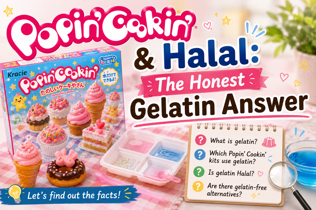Blog header on whether Popin' Cookin' DIY candy kits are halal: a Kracie Popin' Cookin' cake-shop kit box and tray, a notebook checklist of gelatin questions and a magnifying glass, framed as an honest fact-check on a pink pastel background