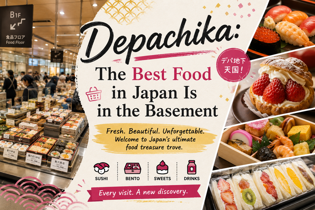Featured graphic for an article about Japanese department store food halls, showing a basement food floor with counters of bento and sushi, a strawberry cake, a bento box and fruit sandwiches, under a B1F food floor sign.