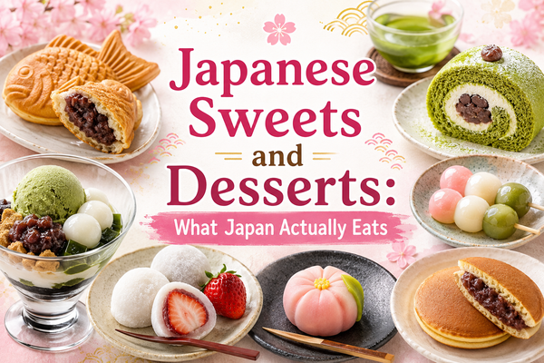 A spread of traditional Japanese sweets: red-bean taiyaki, a matcha ice cream parfait with dango, matcha roll cake, strawberry daifuku mochi, a tricolour dango skewer, a flower-shaped nerikiri wagashi, dorayaki and a cup of matcha tea