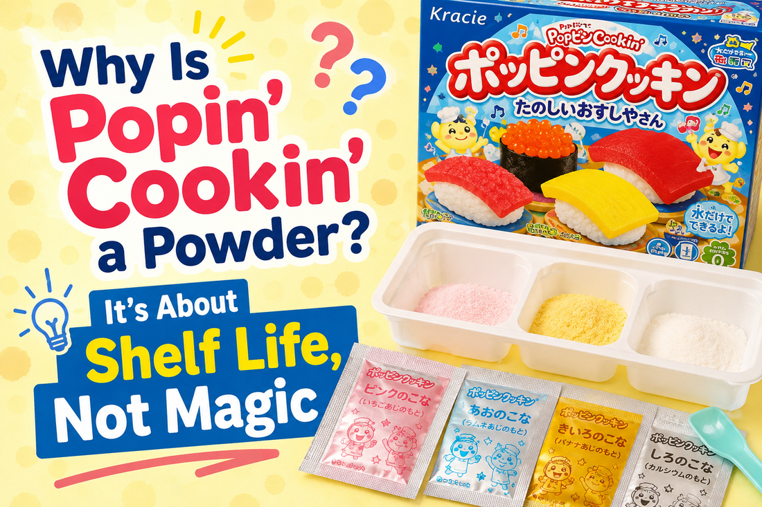 Sachets of pink, blue, yellow and white Popin' Cookin' powder beside a sushi kit box and a tray of coloured powders, with the headline Why Is Popin' Cookin' a Powder? It's About Shelf Life, Not Magic.