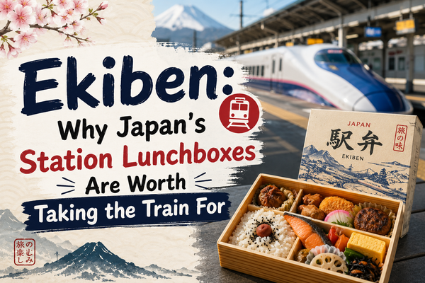 Featured graphic for an article on ekiben, Japan's railway station lunchboxes, showing an open wooden bento of rice, grilled salmon, pickles and side dishes beside a paper ekiben box, with a shinkansen at the platform behind.