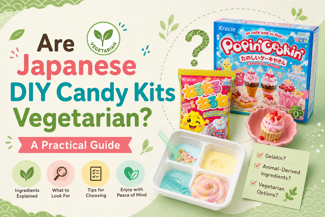 Are Japanese DIY candy kits vegetarian? A practical guide - Kracie Popin' Cookin' and Nerunerunerune DIY candy kits with a vegetarian badge and a checklist of gelatin, animal-derived ingredients and vegetarian options.