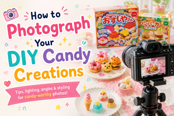 How to Photograph Your DIY Candy Creations — Popin' Cookin' sushi, hamburger, donut and dessert kits styled for a candy photo shoot with a camera on a tripod
