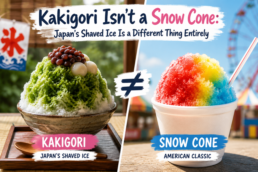Split comparison: fluffy Japanese matcha kakigori shaved ice topped with sweet azuki red beans and white shiratama on the left, versus a crunchy rainbow American snow cone in a cup on the right.