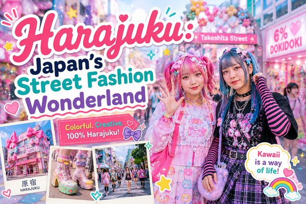 Two young women in colourful Harajuku street fashion - pink twin-tails with Sweet Lolita and blue hair with punk-style outfit - posing on Takeshita Street in Tokyo, surrounded by pastel kawaii shops, platform boots and a bright playful scene