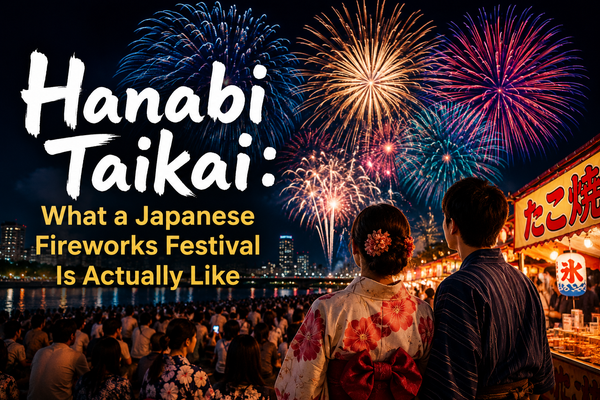 A packed riverbank crowd watching fireworks at a Japanese summer festival at night, a couple in yukata in the foreground and lit food stalls to the side, headlined Hanabi Taikai: What a Japanese Fireworks Festival Is Actually Like.