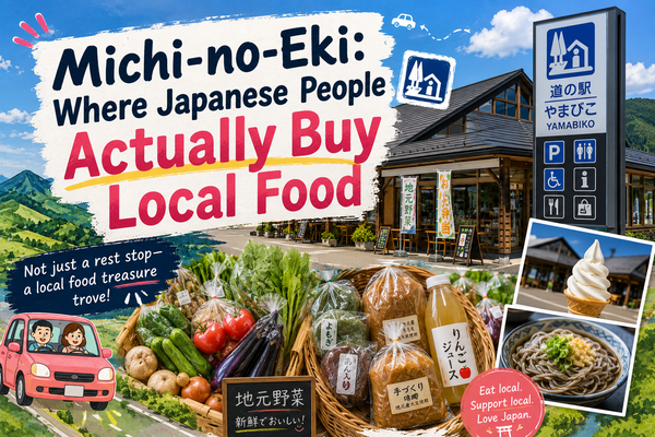 A rural Japanese michi-no-eki roadside station with its blue road-station sign, a kei car of travellers, and baskets of fresh local vegetables, handmade miso, apple juice, soft-serve ice cream and soba.