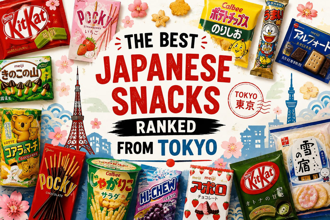 A spread of Japanese snacks including Kit Kat, Pocky, Umaibo, Jagariko and Hi-Chew arranged around the title The Best Japanese Snacks Ranked From Tokyo