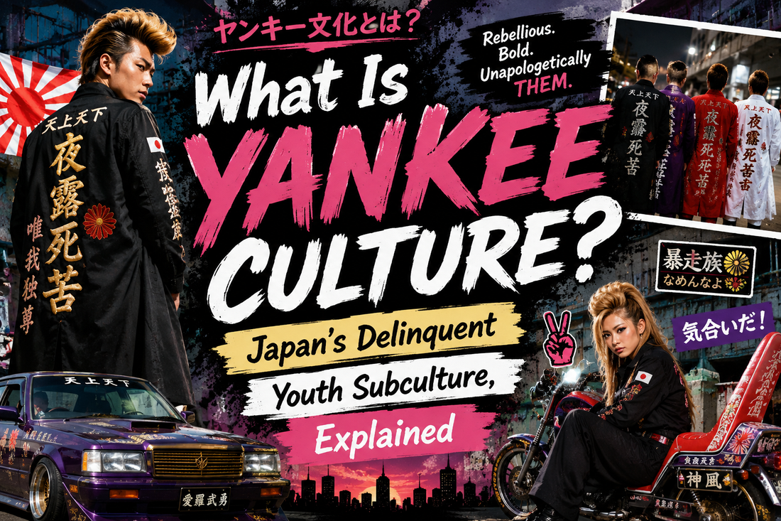 Bold graphic header for a guide to Japanese yankee culture: delinquent-style figures in embroidered tokko-fuku coats with pompadour hair, a customised lowrider car and a modified motorbike, set against a dramatic city sunset