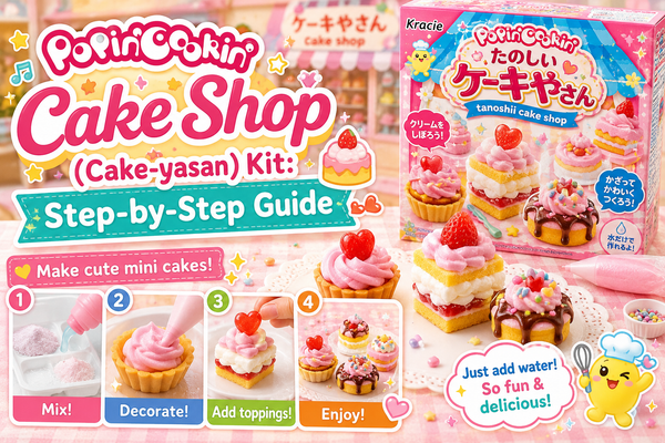 Kracie Popin' Cookin' Tanoshii Cake-yasan DIY candy kit with miniature decorated cakes arranged like a little bakery beside the box